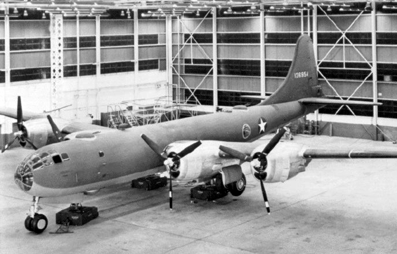 The first pre-production YB-29 (41-36954), with its original Wright Cyclone radial engines, awaits its maiden flight at Boeing’s Wichita facility. Note the green paint that was dropped on production aircraft, as well as the three-bladed propeller which later gave way to a four-bladed prop. (Author unknown)
